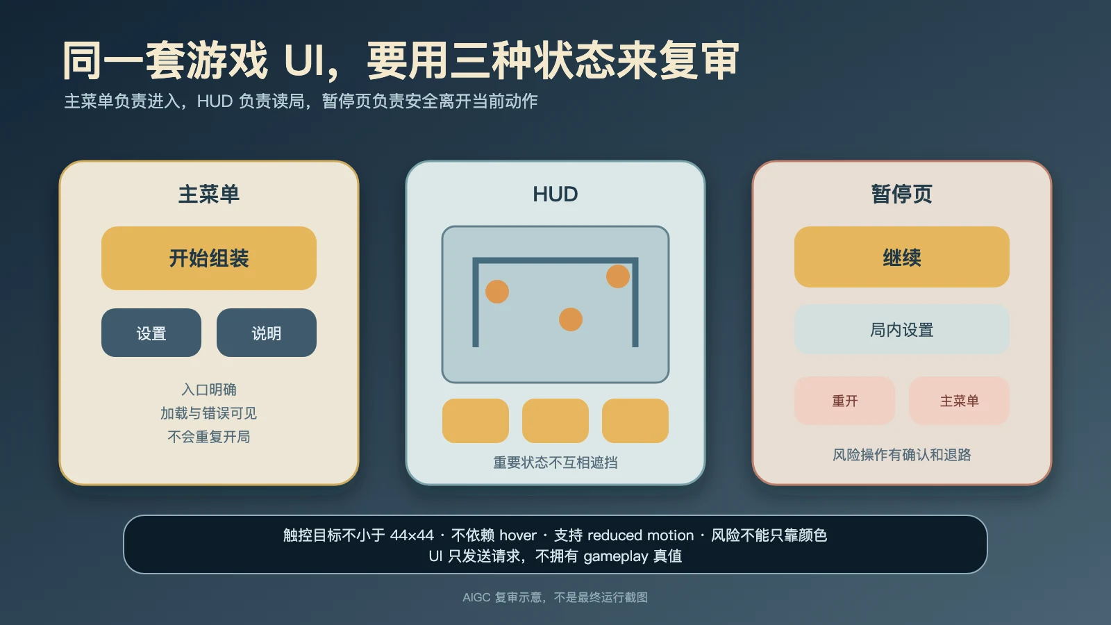 主菜单、HUD、暂停页,同一套游戏 UI,为什么要用三种状态复审